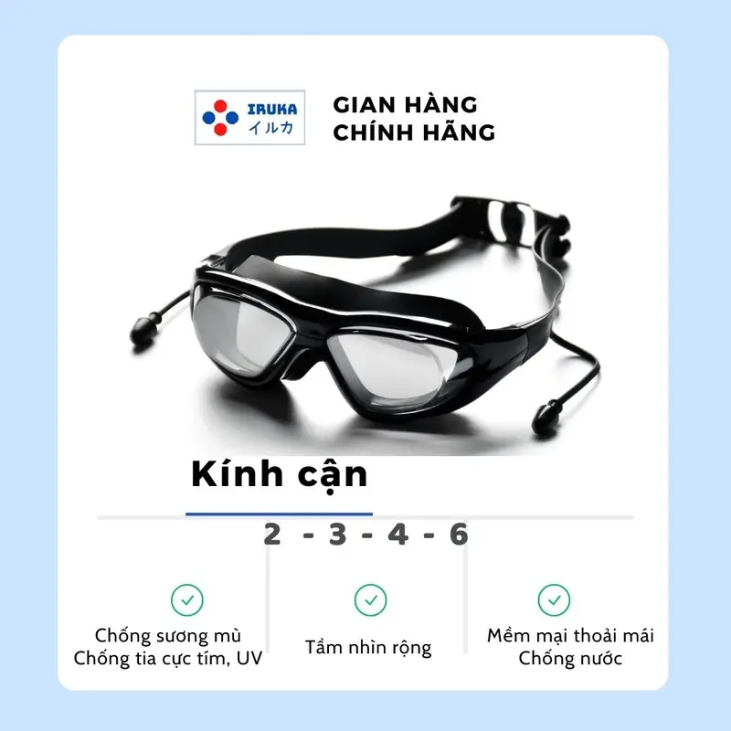 [Giảm 40%] M13 KÍNH BƠI CẬN CAO CẤP Iruka chống nước người lớn từ 35kg, màu đen, chống mờ sương, chống nước, chống tia UV 0