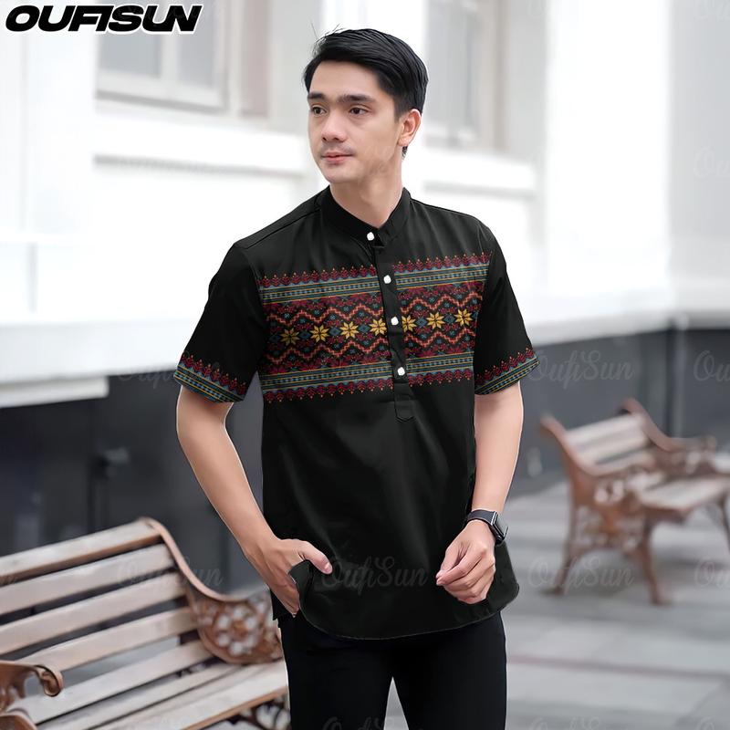 Product Introduction of Baju Raya 2025 Malaysia Ramadan Modern 3D Sublimation Print Stand Collar Short Sleeve Men's Shirt Casual Batik Koko Kurta Formal Shirt, MEN'S KOKO SHIRT 4