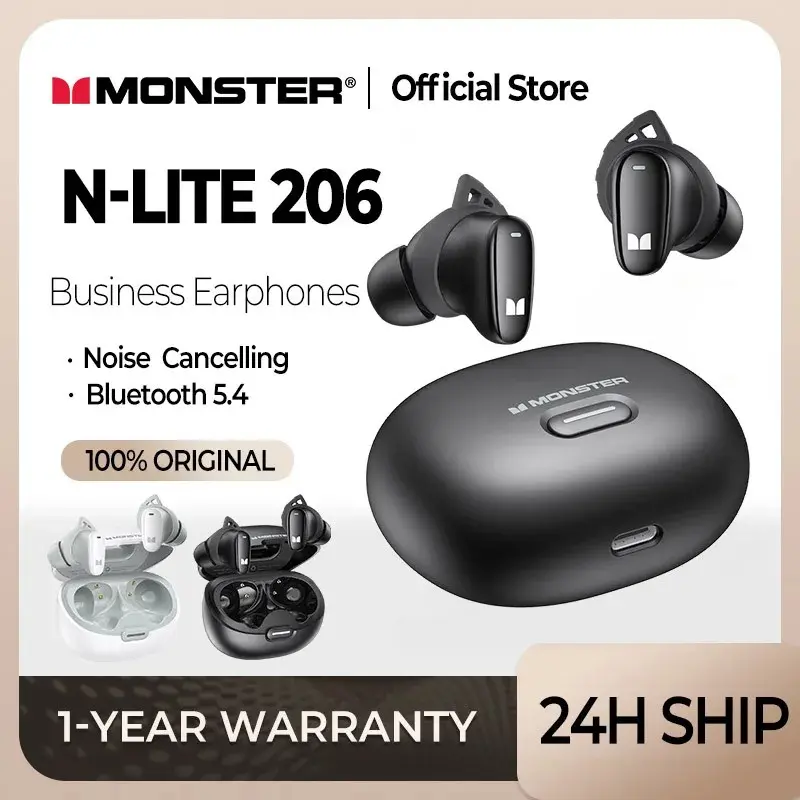 Monster Earbuds N-LITE 206 Bluetooth 5.4 Earphones Sports Wireless Headphones with Mic Touch Control Noise Cancelling Waterproof Audio Silicone