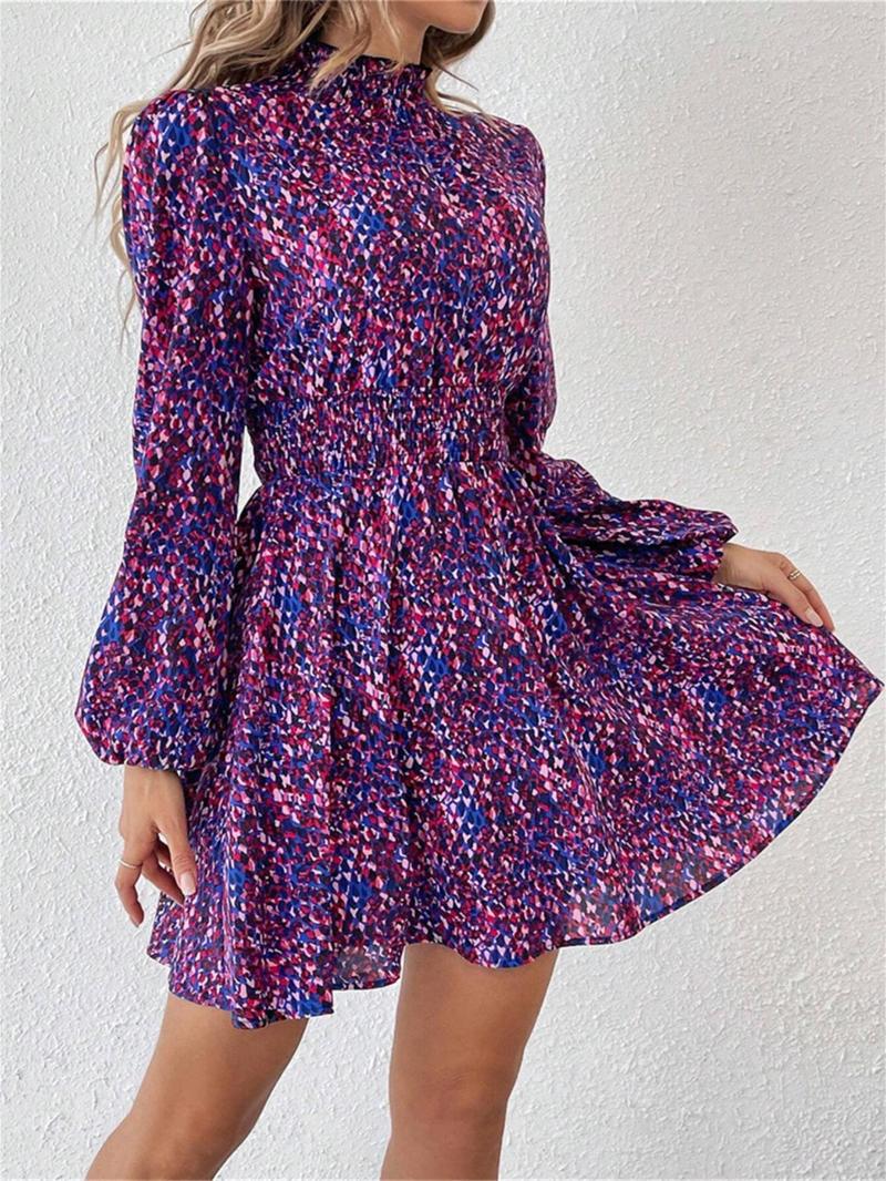 Product Introduction of Women's All Over Print Frill Trim Shirred Mock Neck A Line Dress, Elegant Bishop Sleeve Short Dress for Spring & Fall, Women's Clothing for Daily Wear 5