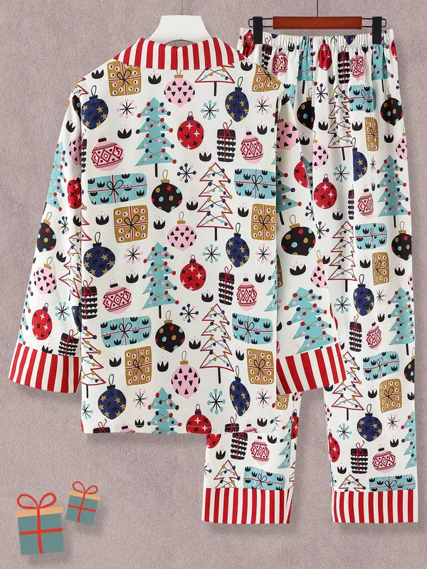 Women's All Over Cartoon Print Loungewear Set, Fashion Lapel Collar Button Front Blouse & Elastic Waist PJ Pants, Women's Sleepwear for Fall, Valentine's Day Gift for Girl 5