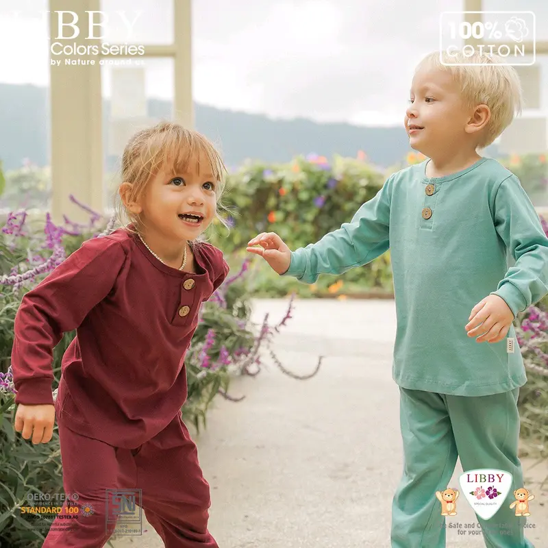 Libby fave set earth color series setelan kaos oblong lengan panjang celana panjang anak / piyama anak Katun Lengan panjang Polos 2