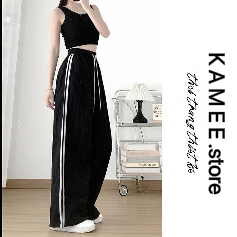 Quần gió KAMEE dáng xuông ,quần ống rộng phối kẻ sọc chất gió nhăn G01