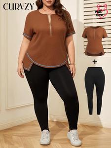 CURVZY Two-Piece Set Plus Size Zip Front Top & Leggings, Casual Fashion Cozy Short Sleeve Top & Skinny Pants for Daily Outdoor Wear, Women's Clothing for All Seasons