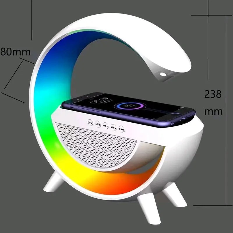 Speaker Bluetooth Lampu Multifungsi Ambient Seven Colour Light Pengisi Daya Nirkabel 15W + Jam Meja Alarm Digital 4