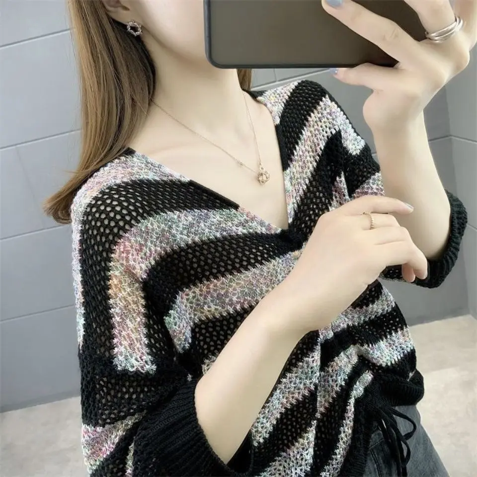 Áo Áo Dệt Kim, Cổ Chữ V, Sọc, Ngắn, Áo Cánh khoét Mỏng Và Rộng Rãi, Áo Nữ Top Women