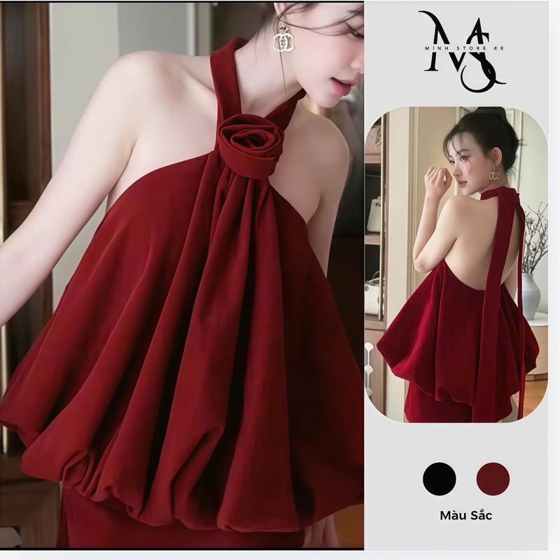 SET YẾM NHUNG HOA HỒNG CỘT CỔ NƠ HỞ LƯNG KÈM CHÂN VÁY CÓ QUẦN nữ Voi Áo Top Women Kem Màu Đỏ Đen Bo Chun