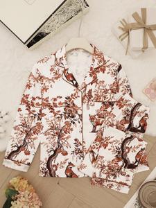 Women's All Over Print Button Front Shirt & Pants Pajama Two-piece Set, Casual Comfy Long Sleeve Lapel Neck Top & Trousers Pj Set, Cute Ladies Sleepwear for All Seasons