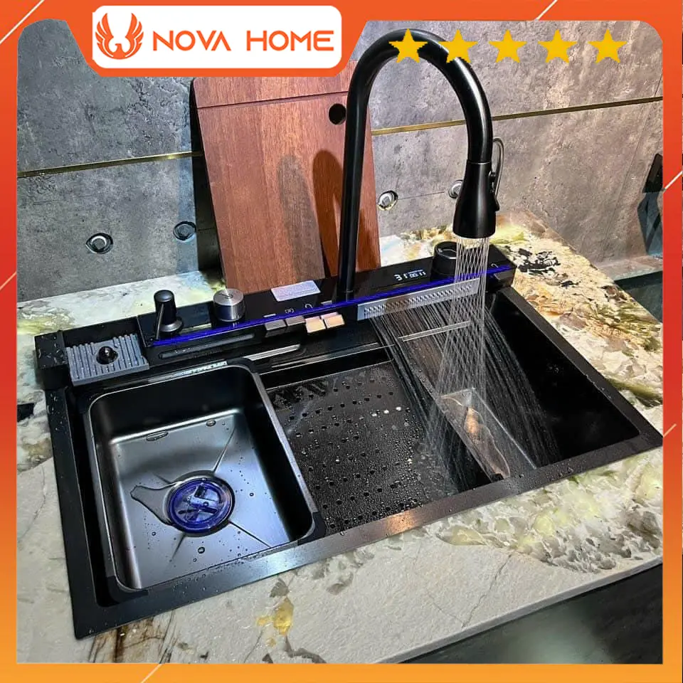 [ Vòi Lõi Củ Đồng ]Chậu rửa bát 5 phím đàn 1 hố nano 75x46cm Inox 304 có vói rút + thác nước hiển thị nhiệt độ cao cấp