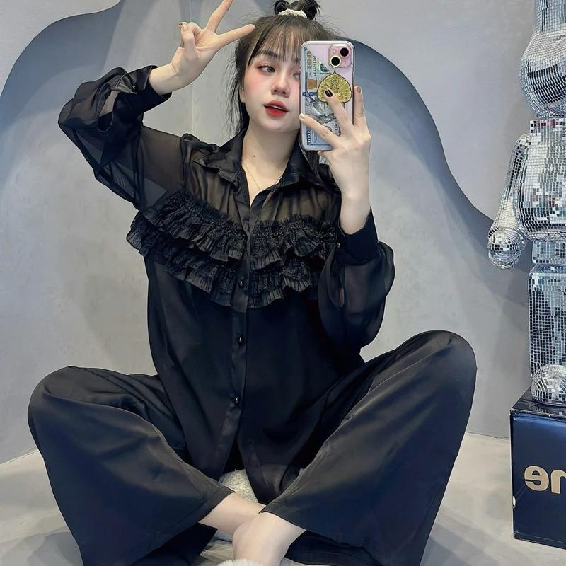 Bộ Đồ Ngủ Nữ Tay Dài Chất Lụa Latin Mềm Mại Phối Vải Voan Có Lót Trong Freesize Women setdomac nhaxinh pizamanu 3