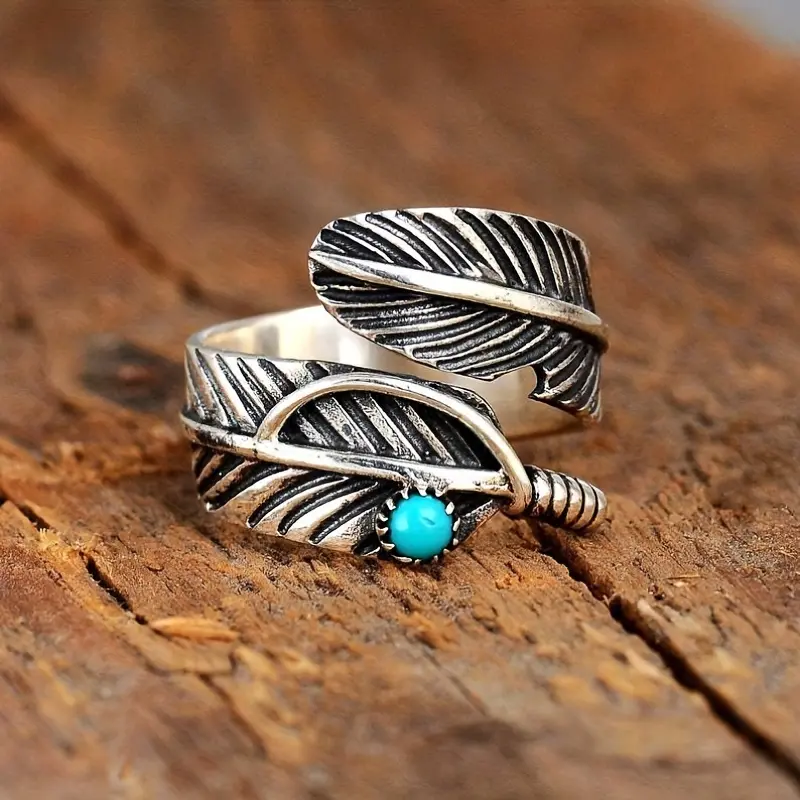 Vintage Feather Leaf Turquoise Ring 0