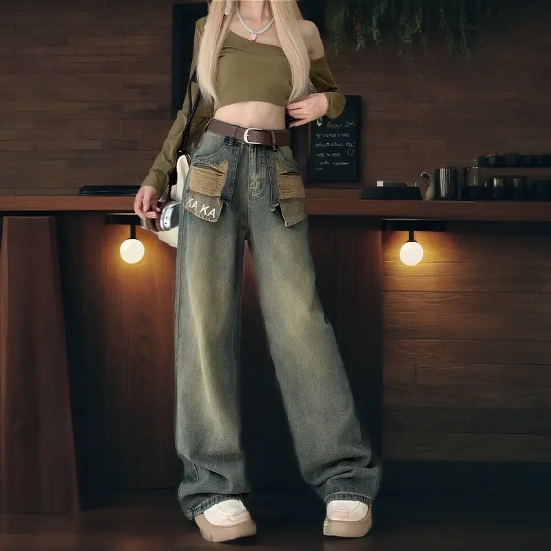 Quần suông phối chữ KAKA cáo xước túi cạp cao phong cách Pants Women Denim 5