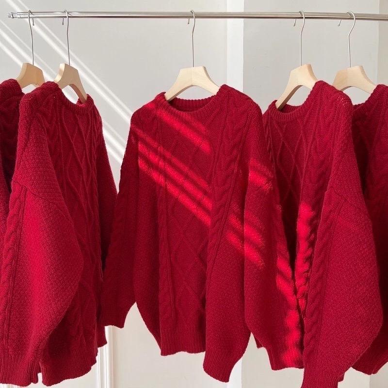 Áo len đỏ dài tay cổ tròn hoạ tiết vặn thừng A17 Nữ áolen quang Women lennoel Top