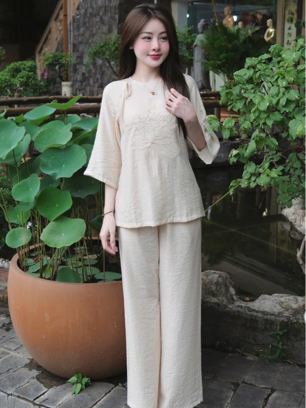 Bộ đồ Pháp phục nữ thêu sen - Mẫu quần áo Phật tử # đồ lam đi chùa trang nhã chất vải đũi lụa thêu sen mềm mát G30 6
