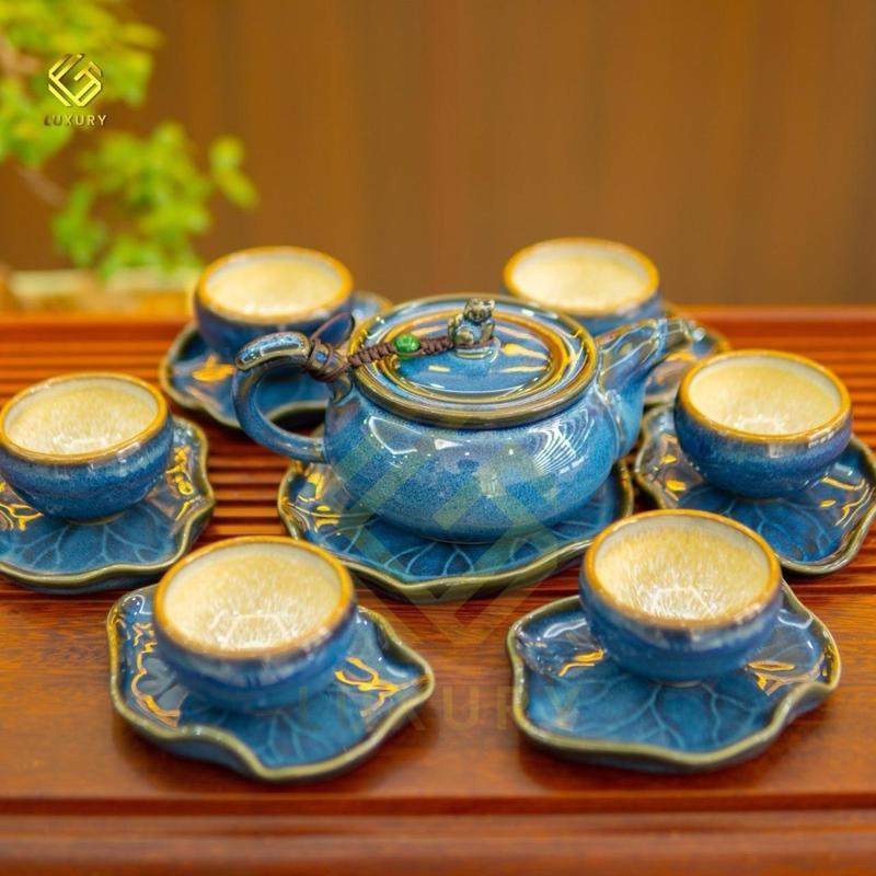 Bộ Ấm Chén Nắp Nghê Xanh Hoa Tia Đĩa Lá Sen - Ấm Chén Bát Tràng - Gốm Sứ Luxury