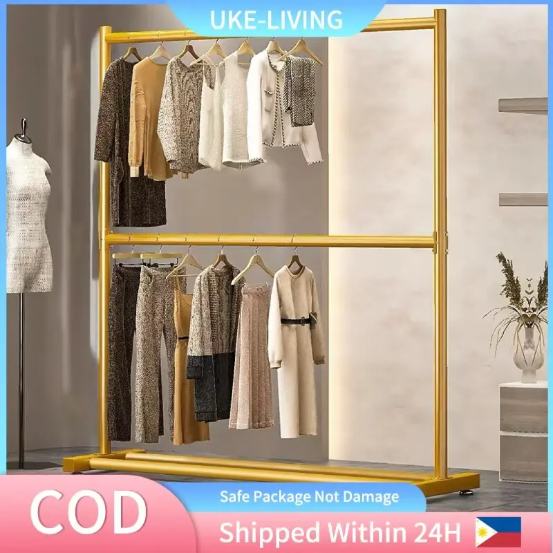 UKE-LIVING【HOT】Stainless steel Bedroom household simple clothes Double coat hanger floor hangers Accessory universal clothingrack bedroom drying rack Hangable Fit Room Bedroom Laundry