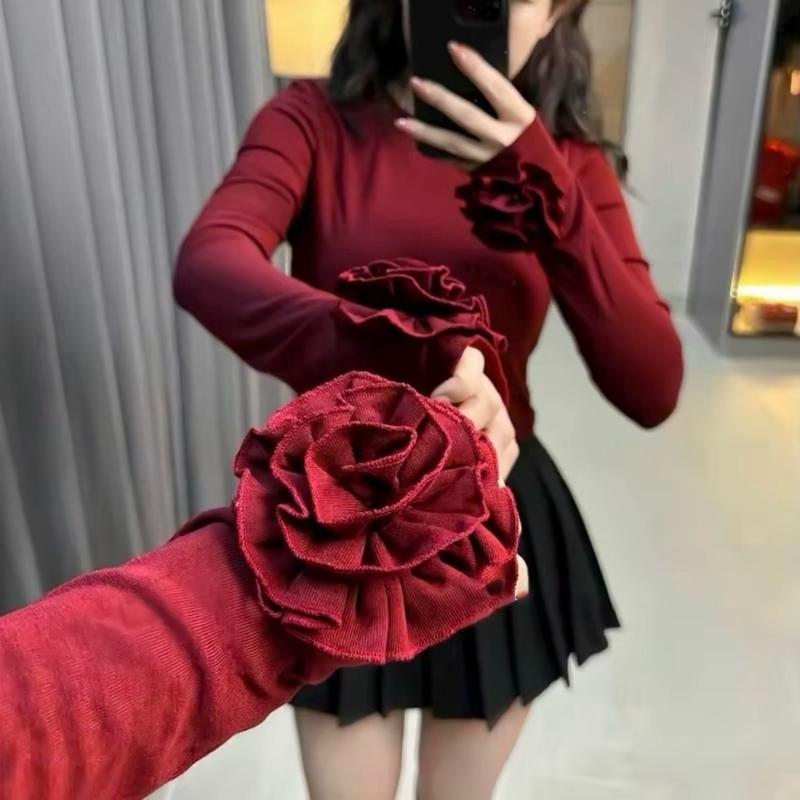 Siu phẩm . Áo bassic tay dài đính hoa sỏ ngón tay bigsize chất tăm xịn ( bigsize :40-90kg ) Cổ Tròn Women Top Nữ 2
