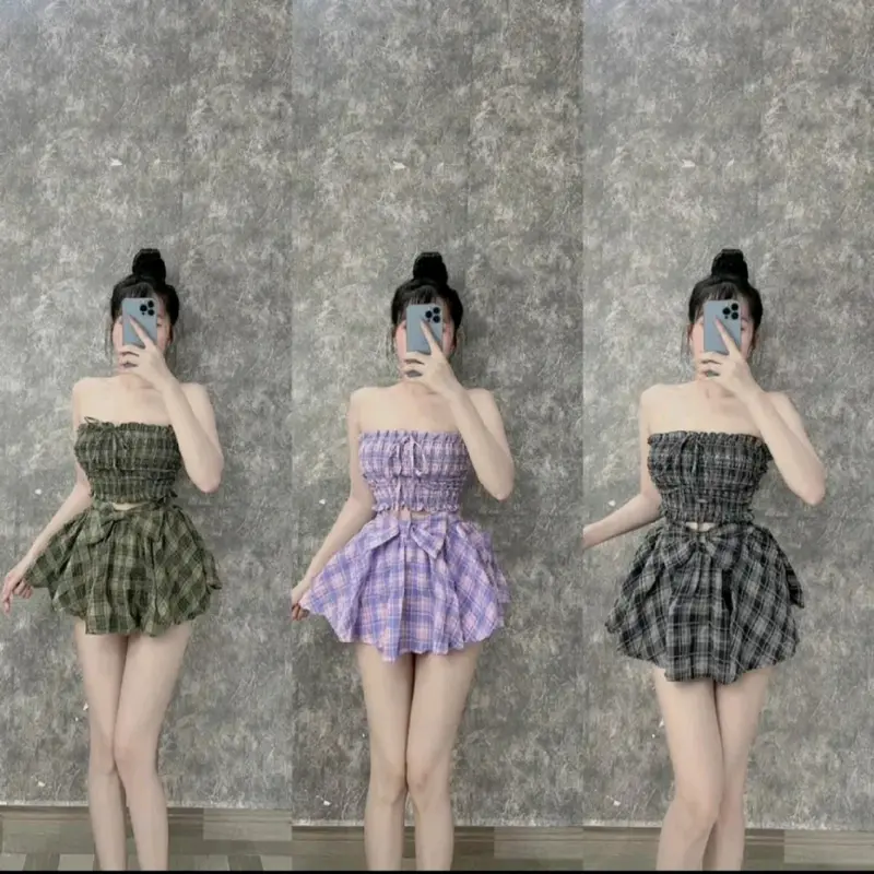 sét carô áo nhún thun kèm chân váy đính nơ Nữ 0