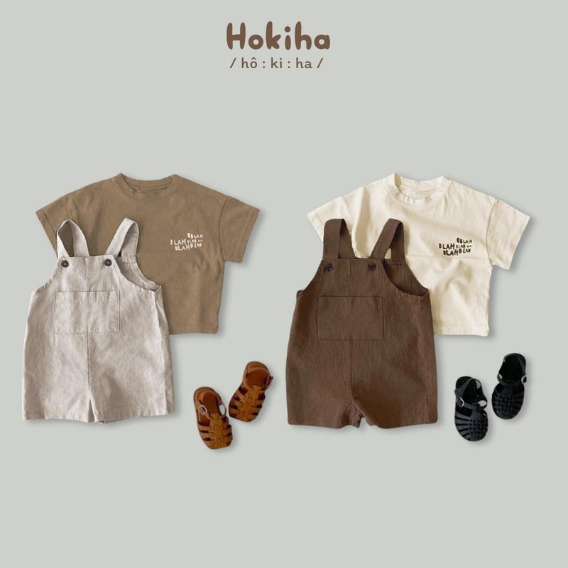 [Hokiha Live] -TE561 Set yếm quần+áo cộc tay cho bé phong cách Hàn Quốc yếm chất kaki mềm áo phông chất cotton in chữ co giãn mềm mại từ 8-14kg