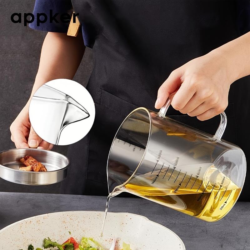 APPKER 1pc 33.8/50.72oz Glass Oil Filter Pot with Frying Basket, Large Capacity Multifunctional Oil Strainer Vessel Tank, Transparent Measurement Markings, Durable & Easy-to-Clean for Kitchen Cooking & Storage,  Utensils 1000Ml 4