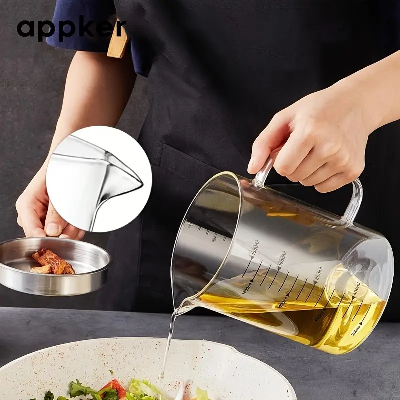 APPKER 1pc 33.8/50.72oz Glass Oil Filter Pot with Frying Basket, Large Capacity Multifunctional Oil Strainer Vessel Tank, Transparent Measurement Markings, Durable & Easy-to-Clean for Kitchen Cooking & Storage,  Utensils 1000Ml 4