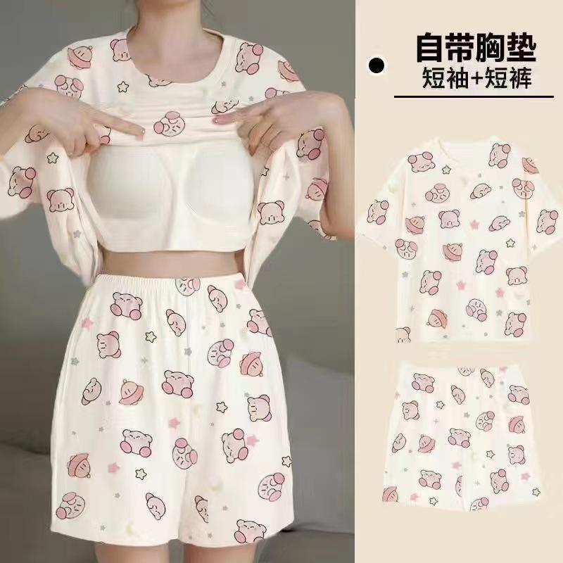 Product Introduction of Pajamas Women's Summer Short Oversleeves Sweet with Chest Pad Korean Cartoon Student Casual Homewear Loose plus Size Summer 40