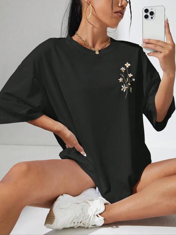 Women's Summer Ditsy Floral Print Drop Shoulder Tee, Casual Half Sleeve Round Neck T-Shirt for Daily Wear, Ladies Summer Clothes 1