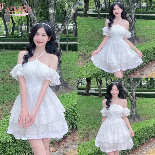 Váy Đũi Dây Cổ Yếm Trễ Vai 2 Tầng Có Mút Ngực, Đầm Dáng Xoè Xinh, HONDA SHOP