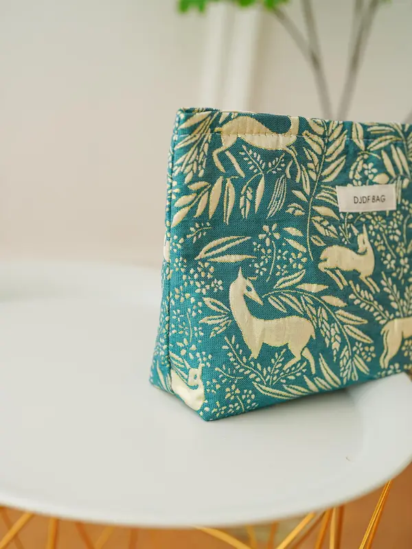 Deer & Leaf Print Makeup Bag, Large Capacity Cosmetic Storage Bag, Portable Travel Toiletry Bag, Zipper Makeup Organizer Pouch 3