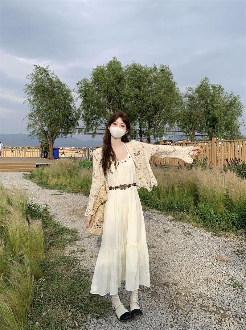 Product Introduction of Simia Hollow Suspender Dress Tassel Long Dress Two-piece Set Sunscreen Cardigan Mori 6