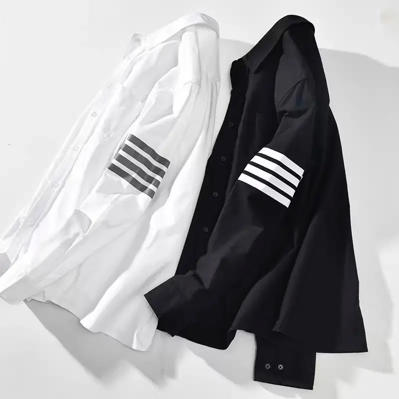 Mùhè phong cách mới sơ mi đen dài tay và ngắn tay vạch màu hai bên 4 vạch trắng thome Menswear Shirt Áo
