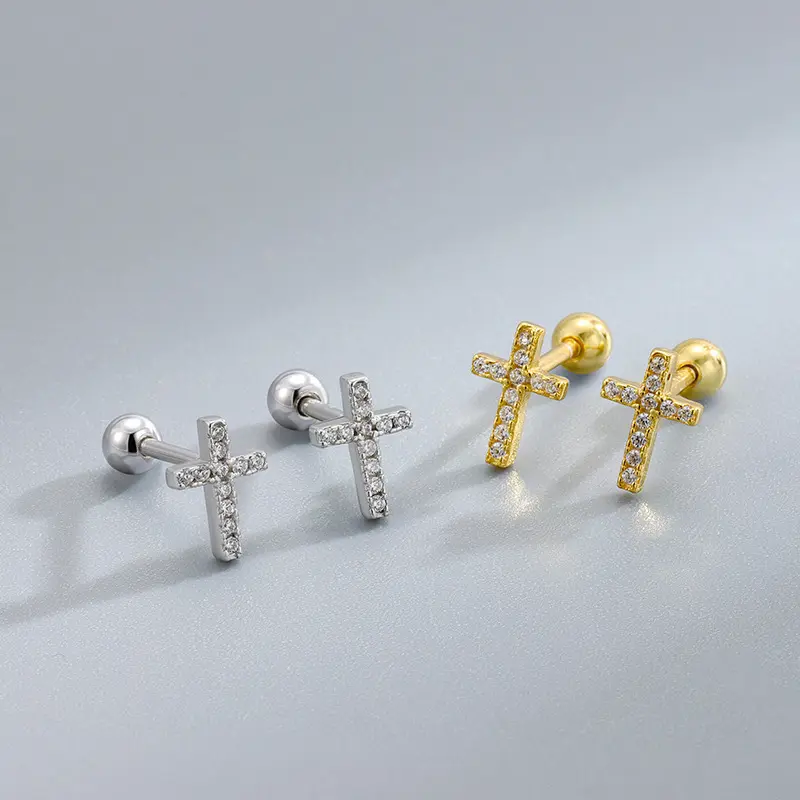 Ebay Hot Sale Cross Stud Earrings S925 Sterling Silver Screw Needle round Bead Ear Cap Diamond Piercing Nose Stud Mini New