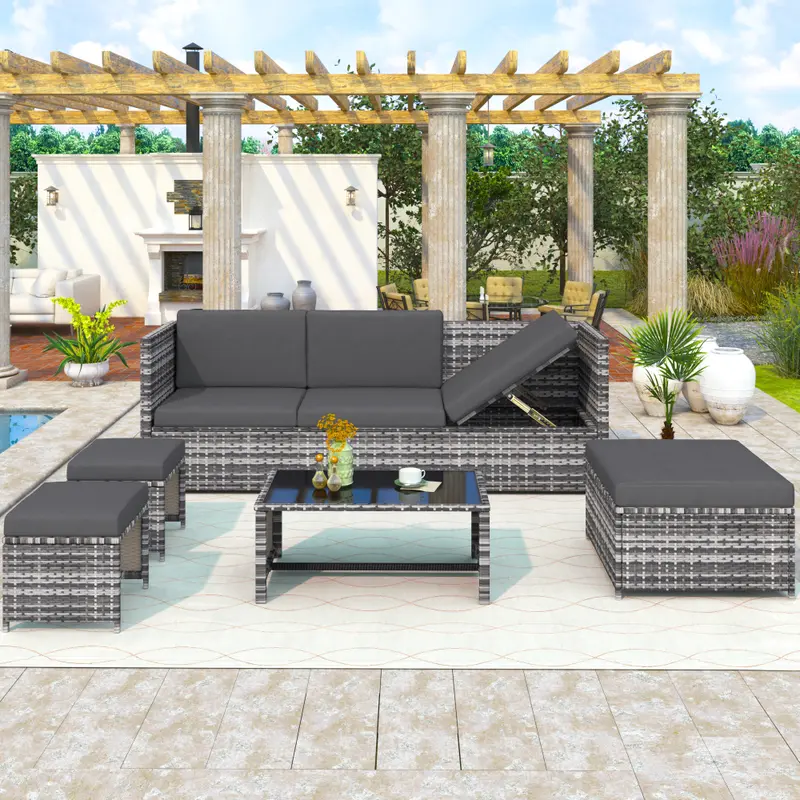All-Weather Rattan Outdoor Furniture Set - Silver Wicker Sectional Sofa with Coffee Table & Machine-Washable Cushions, Patio Conversation Set for Garden, Balcony or Deck Couches 3