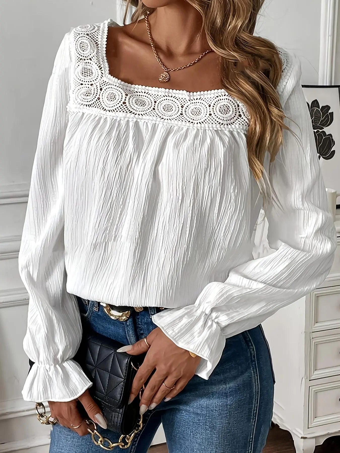 Women's Plain Contrast Lace Flounce Sleeve Blouse, Casual Square Neck Long Sleeve Top for Spring & Fall, Women's Clothing for Daily Wear, Womenswear