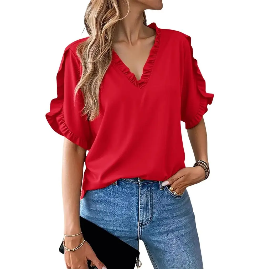 Gezenupo Women V-neck Shirt Breathable Women Top Stylish V-neck Ruffled Sleeve Women's Shirt for Office and Travel Loose Fit Solid Color Top