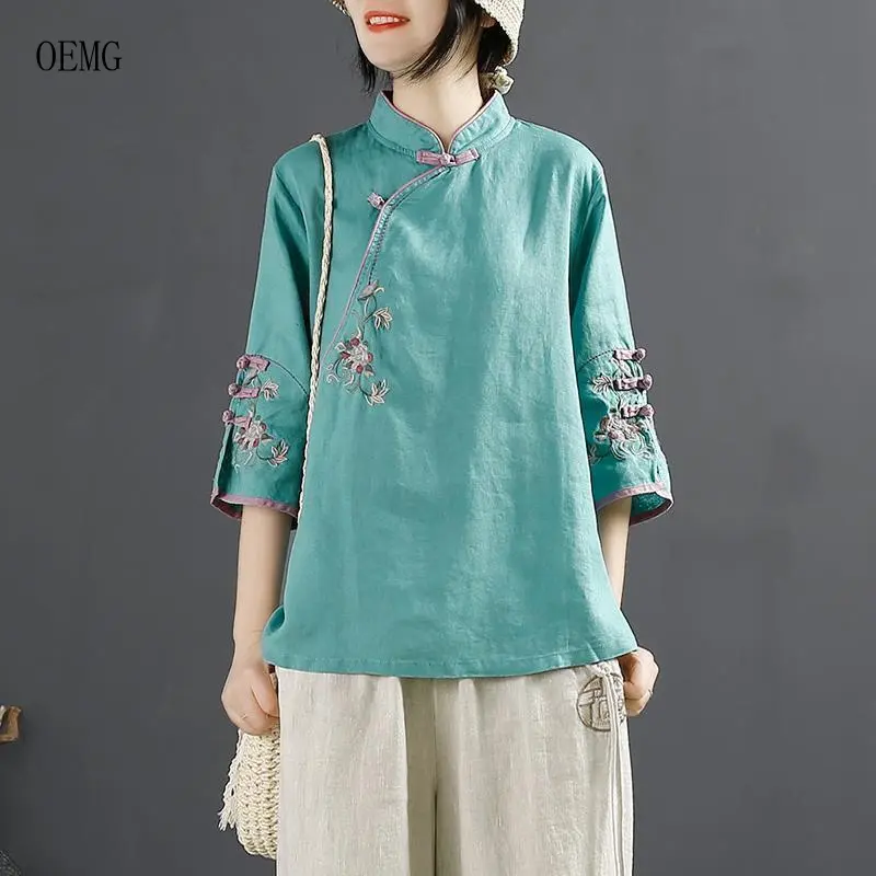 Oemg2024 Summer New Chinese Style Retro Cotton and Linen Shirt Women's Chinese Style Stand-up Collar Frog Button Top Embroidered Cotton Tea Clothes