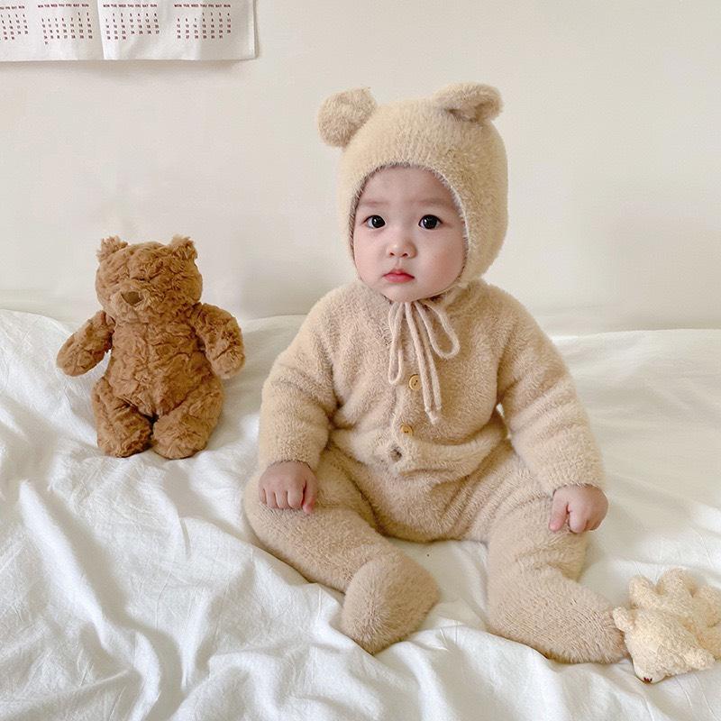 Bodysuit len lông ấm liền thân cho bé từ 5 đến 12kg body cho bé hình gấu kèm mũ lông mềm mại hàng QC cao cấp