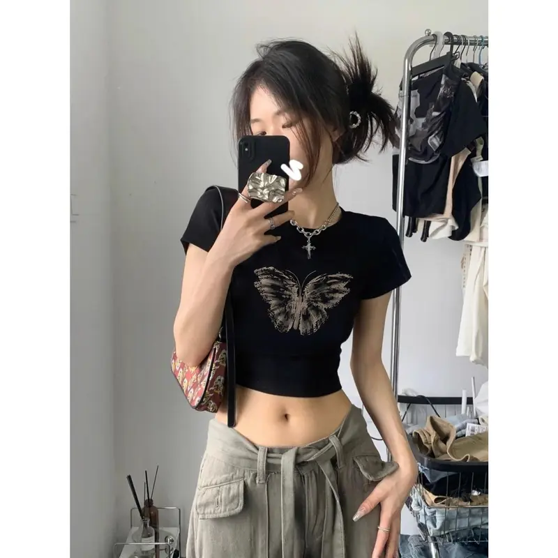 Áo Crop-Top, Áo Phông ngắn Tay Áo, Hàng Mới Về Mùa Hè Của Phụ Nữ, Thiết Kế Bướm Dễ Thương Và Gợi Cảm, Tay Lửng Áo, Áo Lớp Cơ Sở, Mỏng Vừa Vặn, Áo Bó Sát, Bán Chạy, Phong Cách Ins, Năm 2025 3