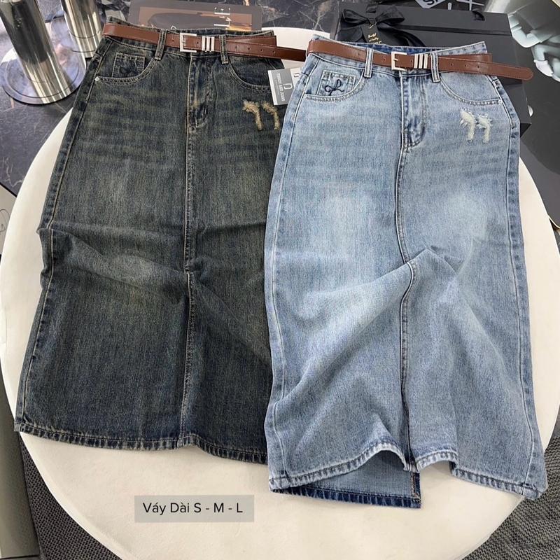 |[ CV 001]|- Chân váy jean dài xẻ tà [ NƠ TÚI ] dài qua gối, jean mềm Nhung Kem