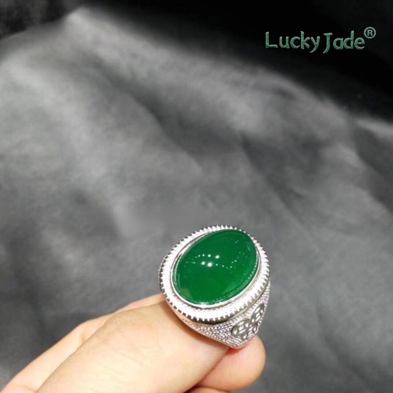 Product Introduction of [Lucky Jade] S925 Silver-Plated Inlaid Green Chalcedony Men's Rings High-End Gift 89