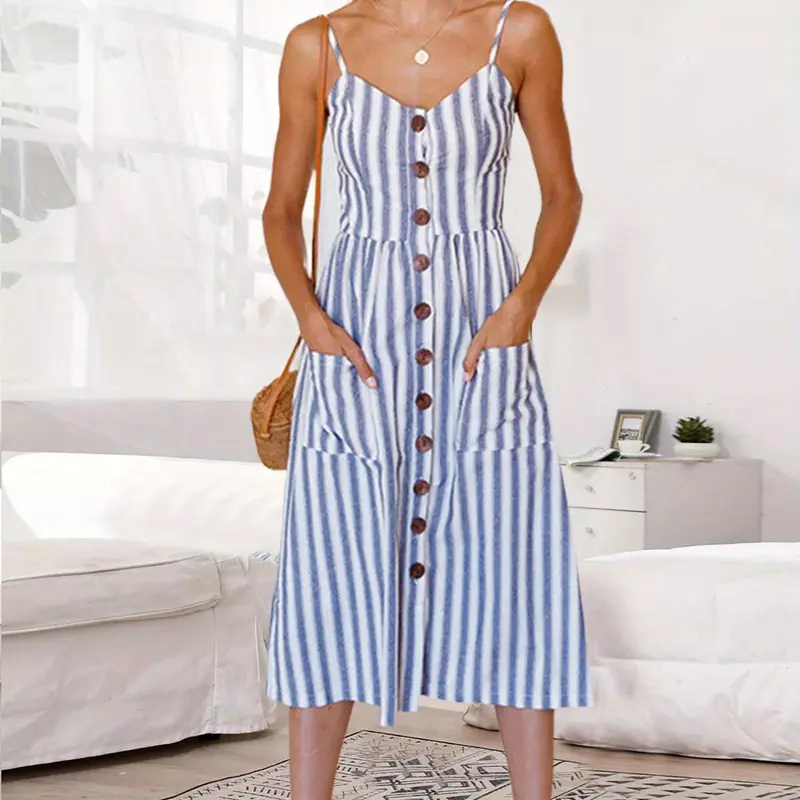 Bugudog-Womens Strappy Sun Dresses Summer Beach Midi Dress Plus Size 6-20 Holiday Casual Womenswear Comfort Blue Stripe 2