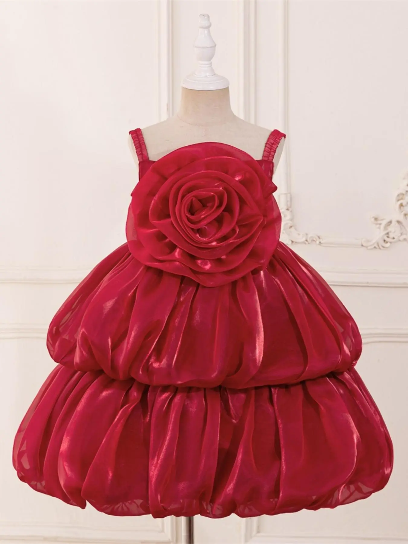 Girl's Solid 3D Floral Decor Tiered Layer Satin Dress, Elegant Sleeveless Zipper Back A Line Dress for Party Performance Wedding Guest, Kids Clothes for All Seasons