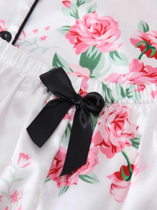 Women's Floral Print Contrast Binding Pyjama Set, Chic Satin Collar Button Up Blouse & Elastic Waist Bow Front Shorts, Summer Sleepwear Set 4