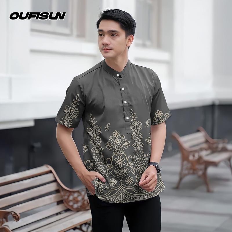 Product Introduction of Koko Kurta Shirt Raya 2025 Ramadan Festival Batik Men's Top Slim Fit 3D Printed Pattern Stand Collar Short Sleeve Henry Shirt Men's Formal Shirt 4