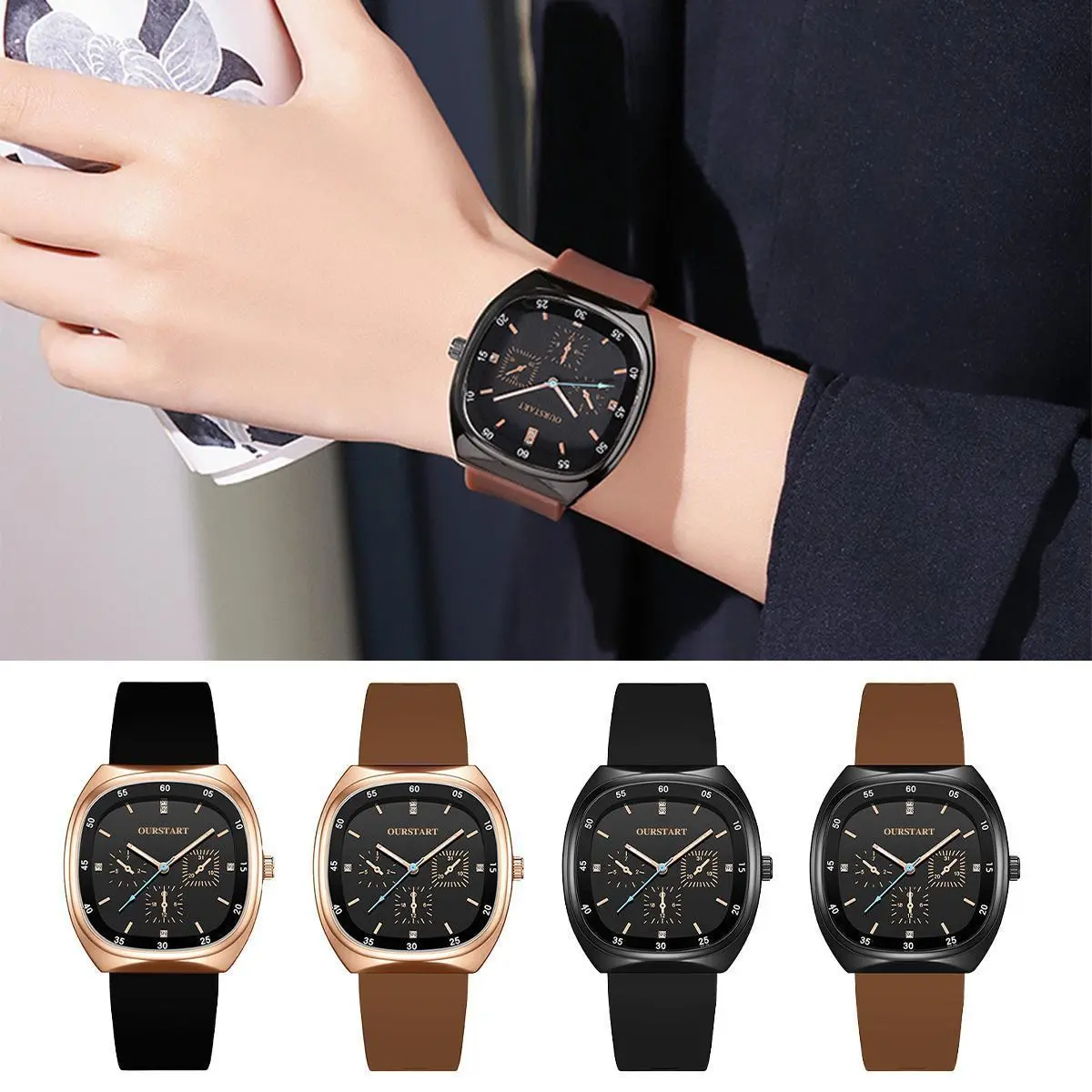 Student casual watch three-eye square quartz silicone unisex student watch