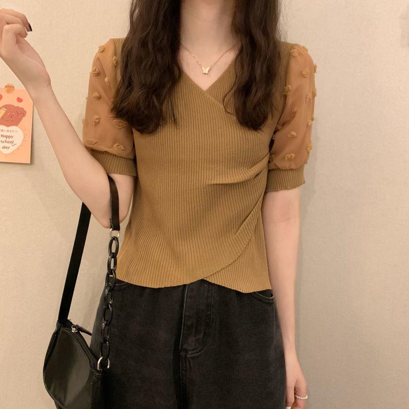 Product Introduction of Áo Thun Thiết Kế Voan Dáng Ôm, Knatwear, Cổ Chữ V, Ngắn, Dành Cho Nữ, Màu Đỏ Ngủ, Quần Áo Nữ 24