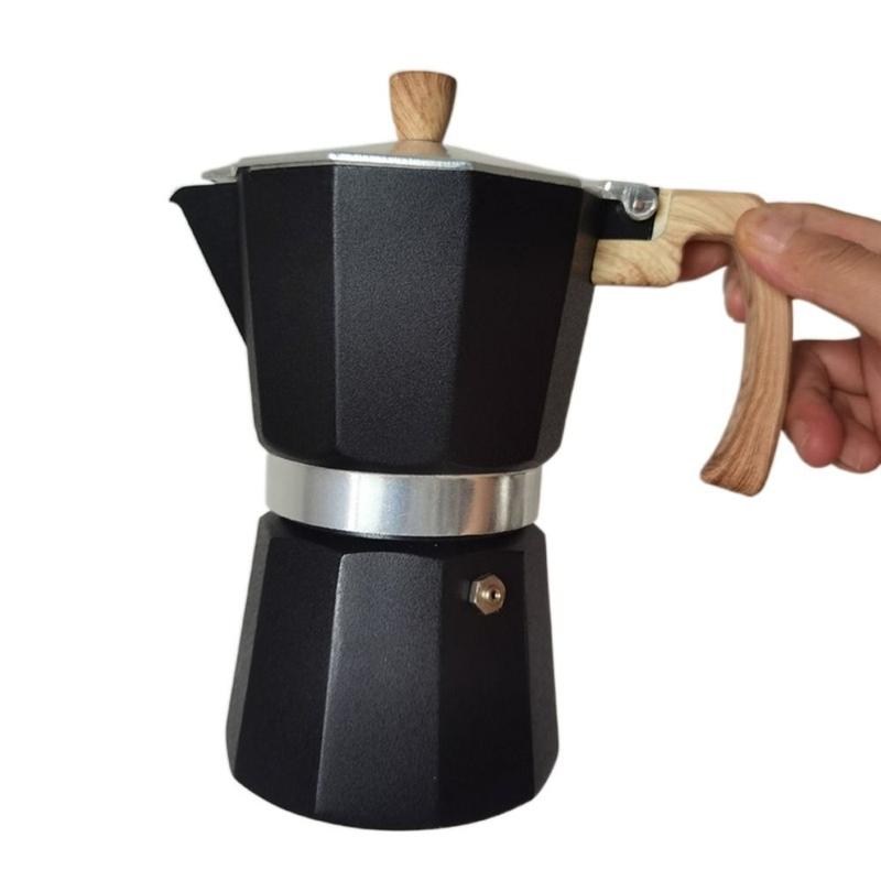 Product Introduction of Vintage Octagonal Aluminum Moka Pot 150ml/300ml Durable Brewing Coffee Pot Wood Pattern Handle Coffee Percolator Home 10