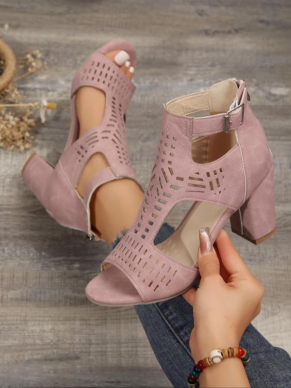 Women's Summer 2024 Fashionable Solid Color Hollowed-out Zipper High Heel Sandals, Peep Toe Sandals Chunky Heel, Ankle Strap Pumps Shoes for Party 7