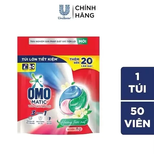 Viên giặt quần áo OMO Matic tiện lợi 3 trong 1 (50 viên/túi) - Đánh bay vết bẩn cứng đầu, khóa hương dài lâu và giữ quần áo bền đẹp - Làm Sạch