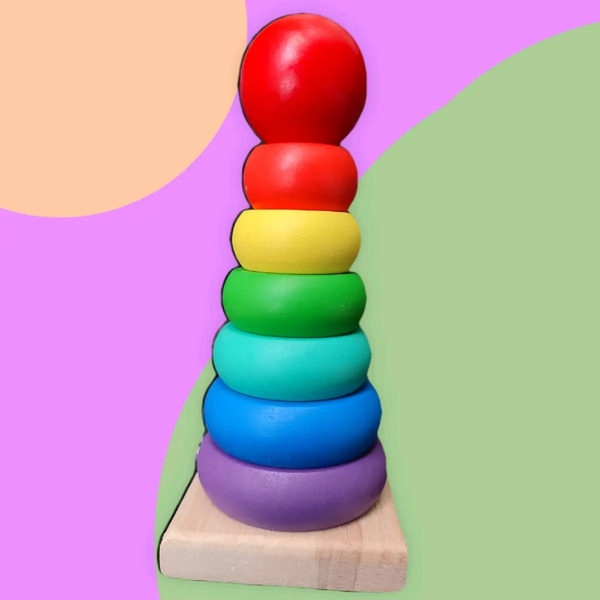 Mainan Montessori Anak Susun Donat Kayu Wooden Staking Rainbow Tower Edukasi Belajar Fokus Motorik Halus Berwarna Warni P 6cm L 6cm T 14cm